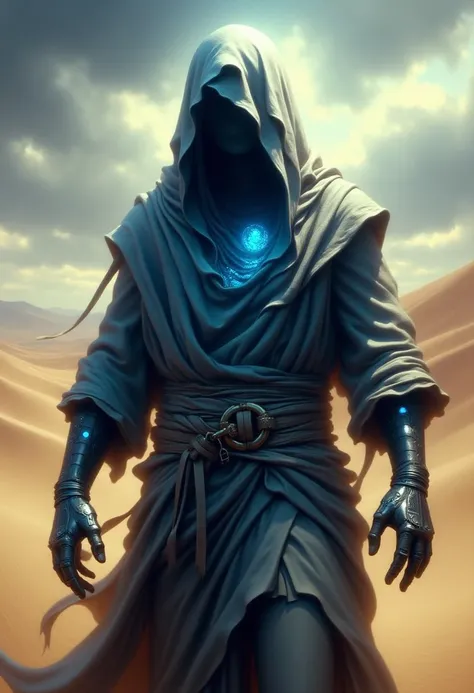 Fantasy-themed digital artwork featuring a mysterious, cloaked figure in a desert landscape. The figure is draped in flowing, tattered robes of various shades of blue and gray, with a hood obscuring their face. Glowing blue lights emanate from within the h...