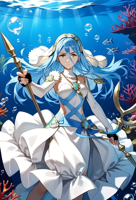 score_9,score_8_up,score_7_up,source_anime,azura (fire emblem),1girl,solo,gloves,dress,holding,jewelry,weapon,elbow gloves,white gloves,fingerless gloves,white dress,holding weapon,necklace,water,polearm,veil,pendant,bubble,spear,underwater,air bubble,