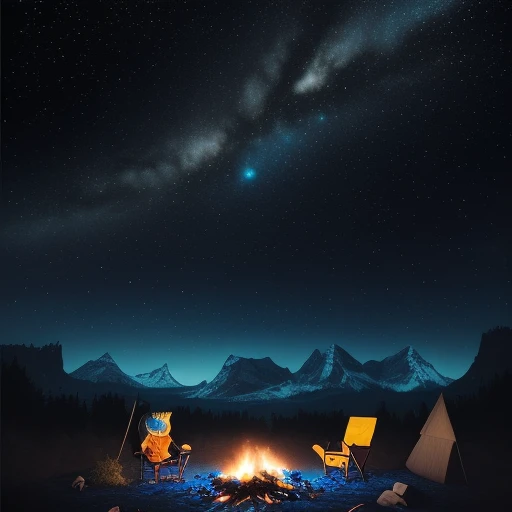 starry sky, black fur, campfire, blue fire, blurry background, grapes, mountainous horizon, coral