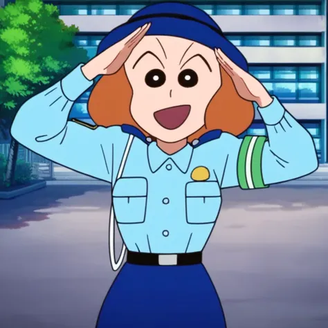 score_9, score_8_up, score_7_up, score_6_up, score_5_up, score_4_up, source_anime BREAK police, police uniform, salute, uniform, 1girl, solo, policewoman, hat, skirt, smile, open mouth, belt, armband, brown hair, police hat