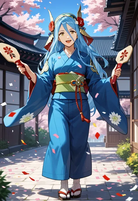 score_9,score_8_up,score_7_up,source_anime,azura (fire emblem),1girl,solo,looking at viewer,smile,open mouth,long sleeves,hair ornament,holding,flower,japanese clothes,wide sleeves,kimono,sash,sandals,obi,veil,tabi,confetti,paddle,hagoita,hanetsuki,age dow...