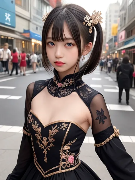 ((score_9, realistic)), ((fair skin)), ((skinny)), upper body, a pretty woman, kpop, jpop, idol, top model, medium breasts, high neck, multicolord dress, sleeves dress, hair ornament, street, <lora:ColoredContactLenses_pony:0.5>,