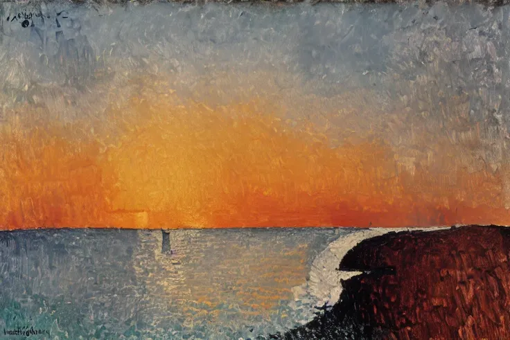 <lora:Modigliani-10:1>, Modigliani, A serene coastal landscape at sunset