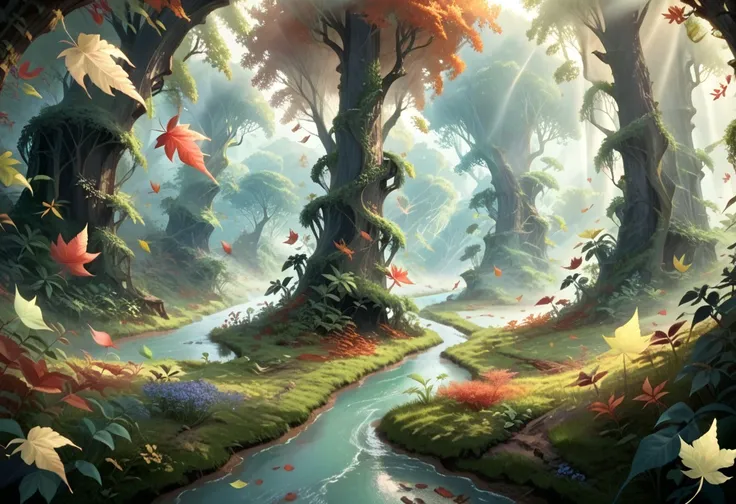 score_9,score_8_up,score_7_up, enchanting featuring rolling (fantasy fields:1.3) flowing into serene river, surrounded by lush greenery and blooming flowers, (leaves blowing in the breeze:1.3), (multiple leaves:1.4), under the soft glow of morning light, m...