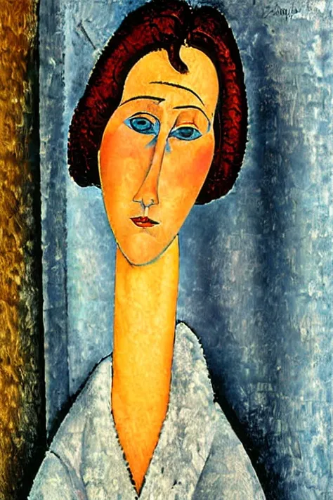 <lora:Modigliani-10:1>, Modigliani, A portrait of a woman in a colorful dress, with expressive eyes and intricate patterns.