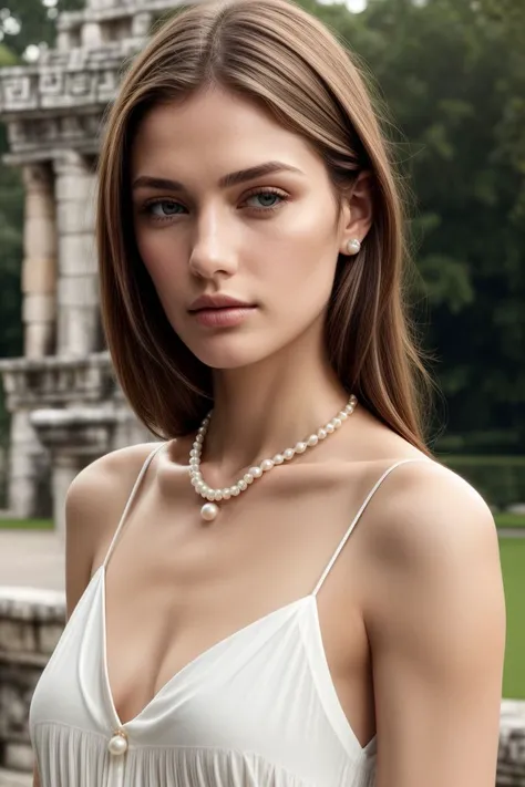 European woman, closeup, (shirt), pants, (Chichen Itza), pearl necklace , (), ZM_joana, wide shoulders, perfect face, (contact iris: 1.1), pale skin, skin pores , depth of field