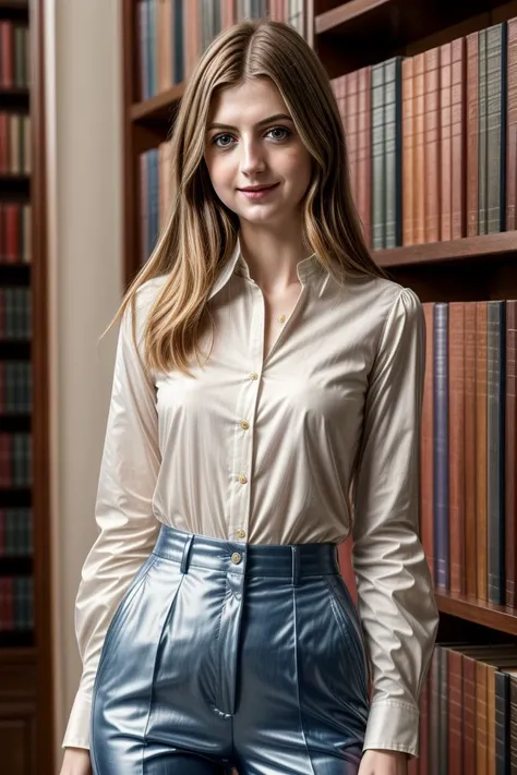 European woman, closeup, (shirt), pants, (library), (), smiling , ZM_lia, wide shoulders, perfect face, (contact iris: 1.1), pale skin, skin pores , depth of field