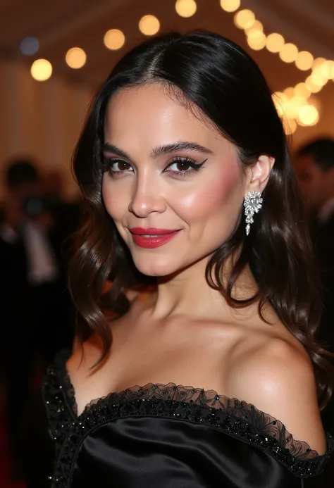 A close-up portrait of a woman stellahudgens at a red carpet event, wearing an elegant victorian era black dress. The dress features intricate silk detailing along the neckline and a subtle shimmer that catches the light. Her makeup is flawlessly applied, ...