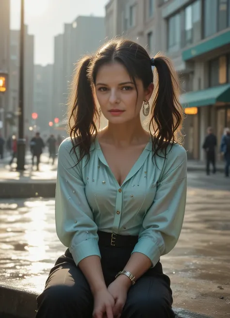 Realistic photograph, Movie light, A 30-year-old elegant and sophisticated city woman is wearing a luxury silk cyan blouse and high-waisted pants. The pastel-toned blouse features metallic details, and the pants fall neatly just above the ankles. She pairs...