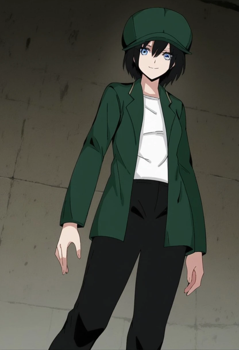 score_9, score_8_up, score_7_up, score_6_up, source_anime, anime screencap, best quality, tom, 1girl, short hair, blue eyes, black hair, tomboy, hair between eyes, medium breasts, green jacket, green headwear,open clothes,open jacket hat, shirt, white shir...