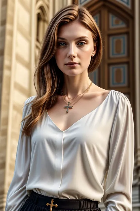 European woman, closeup, (shirt), pants, (Florence Duomo), cross necklace , (), ZM_vera, wide shoulders, perfect face, (contact iris: 1.1), pale skin, skin pores , depth of field