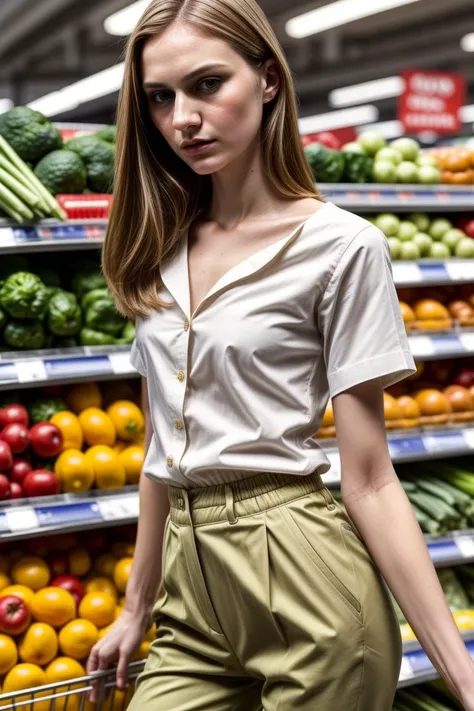 European woman, closeup, (shirt), pants, (grocery store), (), (), ZM_betty, wide shoulders, perfect face, (contact iris: 1.1), pale skin, skin pores , depth of field