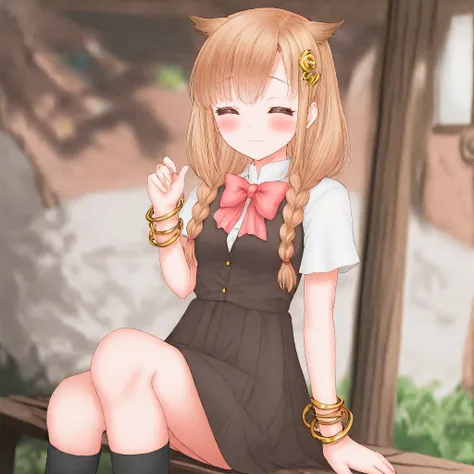yuni, solo, bangle, blush, bow, bracelet, braid, brown hair, hair ornament, jewelry, crescent hair ornament, long hair, solo, virtual youtuber, owl ears,
bus stop, sitting, bench, outside, 
 <lora:YUNI-XL-t1:0.6>