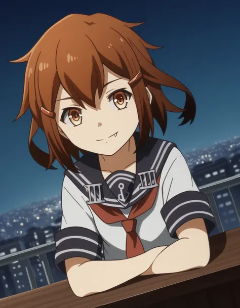 score_9, score_8_up, score_7_up, source_anime, <lora:kancolle-ikazuchi-s1-ponyxl-lora-nochekaiser:1>, ikazuchi, short hair, brown hair, hair ornament, brown eyes, hairclip, fang, ikazuchi (kancolle), skirt, school uniform, serafuku, neckerchief,, city skyl...