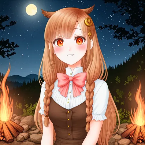 yuni, solo, bangle, blush, bow, bracelet, braid, brown hair, hair ornament, jewelry, crescent hair ornament, long hair, open mouth, smile, solo, virtual youtuber, owl ears,
outdoors, nature, owl, night, dark, campfire, light,
 <lora:YUNI-XL-t1:0.6>