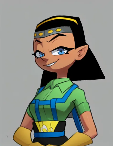 <lora:Ibis - Pilotwings 64 - 1996 - Epoch 10:0.95> ibis, 1girl, low poly, green shirt, short sleeves, short hair, black hair, medium breasts, blue straps, jeweled headband, yellow gloves, pointy nose, blue eyes, eyeliner, portrait, looking at viewer, smirk...