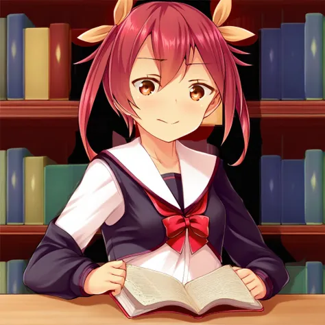 Fujii Natsumi, red hair, school uniform, sitting, library, reading book, homework