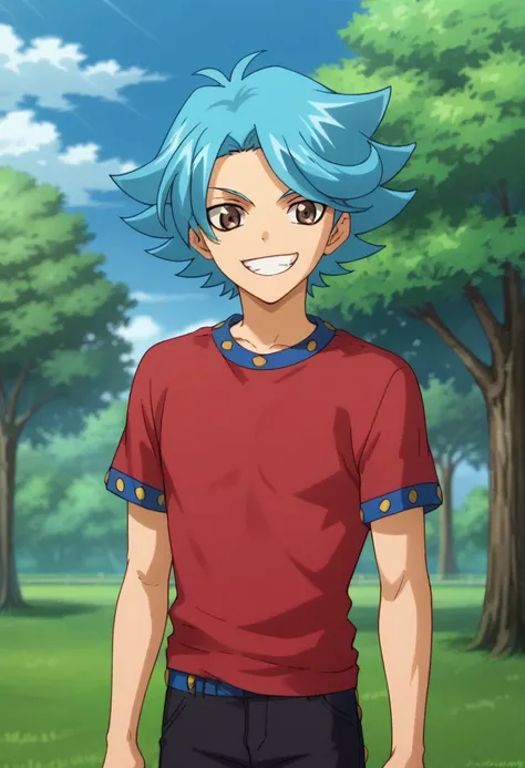 score_9, score_8_up, score_7_up, source_anime, highly detailed, 
hiroki, male focus, 1boy, solo, blue hair, smile, grin, shirt, brown eyes, pants, red shirt,
outdoor, sky, cloud, tree