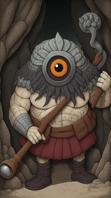 <lora:KawaiisStyle:1>kawaii style The Cyclops, the one-eyed giant. A massive, lumbering figure with a single eye in the center of its forehead. It is brutish and strong, wielding a large club, and stands in a rocky, cave-like environment.