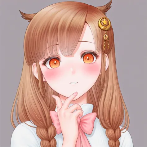 yuni, solo, bangle, blush, bow, bracelet, braid, brown hair, hair ornament, jewelry, crescent hair ornament, long hair, open mouth, smile, solo, virtual youtuber, owl ears,
hand on cheek, portrait, 
 <lora:YUNI-XL-t1:0.6>