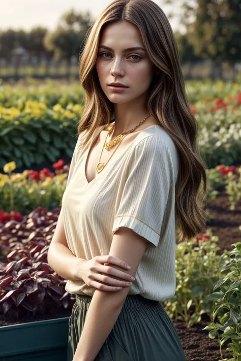 European woman, closeup, (shirt), pants, (community garden), gold necklace , (), ZM_ioana, wide shoulders, perfect face, (contact iris: 1.1), pale skin, skin pores , depth of field