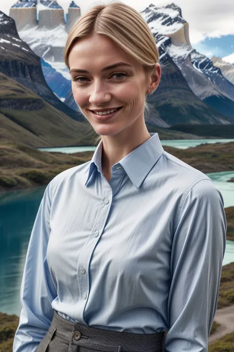 European woman, closeup, (shirt), pants, (Torres del Paine), (), smiling , ZM_valentina, wide shoulders, perfect face, (contact iris: 1.1), pale skin, skin pores , depth of field