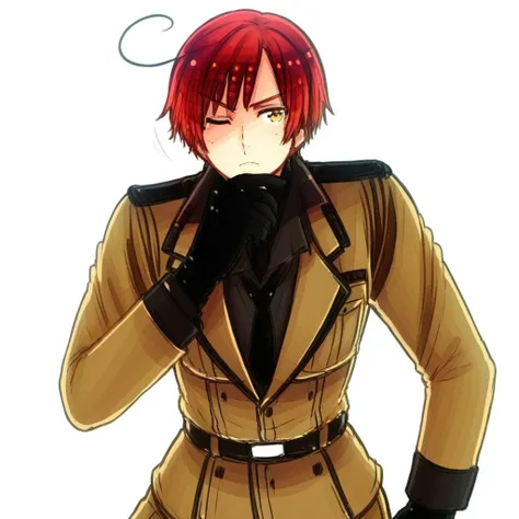 necktie, solo, gloves, military, brown hair, male focus, 1boy, ahoge, one eye closed, military uniform, amber eyes