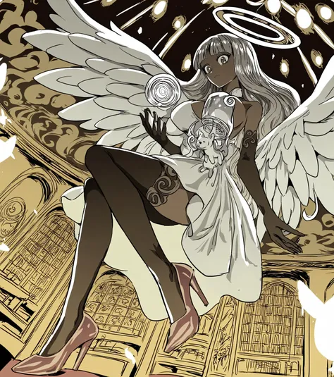 <lora:mrkurz_pony_v4:1> art style by mrkurz,
monochrome ,greyscale,spot color,
(seraphic angel with feathered wings and an angel halo) young woman, busty build, long hazel hime cut hair, black american, dark skin, light brown eyes,  wearing a ethereal veil...