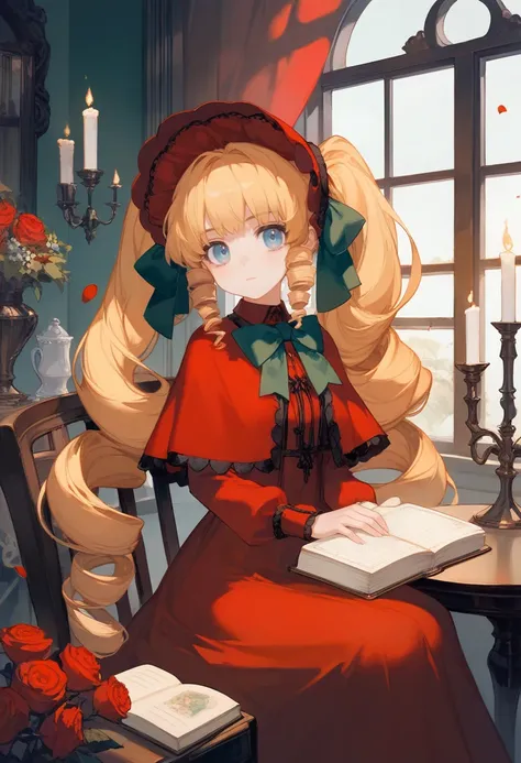 ciloranko, ishikei, ssambatea
1girl, shinku, solo, long hair, blonde hair, dress, book, sitting, blue eyes, flower, bonnet, long sleeves, bow, indoors, twintails, red flower, bangs, chair, candle, red dress, cup, rose, petals, window, green bowtie, looking...