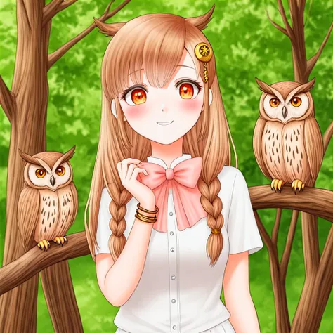 yuni, solo, bangle, blush, bow, bracelet, braid, brown hair, hair ornament, jewelry, crescent hair ornament, long hair, open mouth, smile, solo, virtual youtuber, owl ears,
outdoors, nature, trees, owls, 
 <lora:YUNI-XL-t1:0.6>