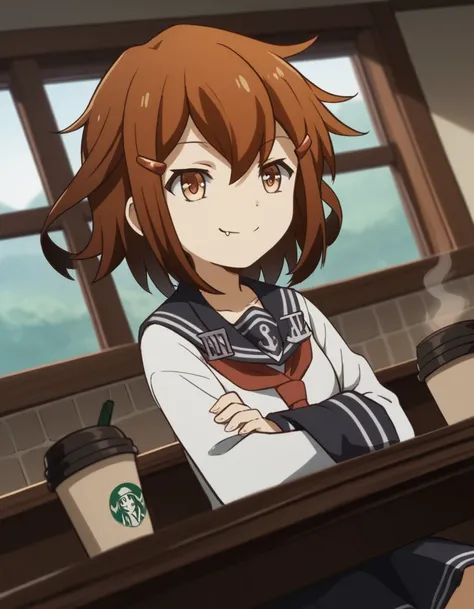 score_9, score_8_up, score_7_up, source_anime, <lora:kancolle-ikazuchi-s1-ponyxl-lora-nochekaiser:1>, ikazuchi, short hair, brown hair, hair ornament, brown eyes, hairclip, fang, ikazuchi (kancolle), skirt, school uniform, serafuku, neckerchief,, cafe, cof...