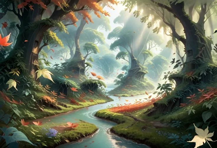 score_9,score_8_up,score_7_up, enchanting featuring rolling (fantasy fields:1.3) flowing into serene river, surrounded by lush greenery and blooming flowers, (leaves blowing in the breeze:1.3), (multiple leaves:1.4), under the soft glow of morning light, m...