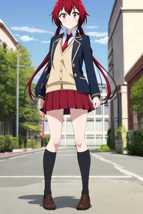 <lora:SakuradaAkanev1:1>,1girl,black legwear,full body,jacket,kneehighs,loafers,long hair,looking at viewer,necktie,pleated skirt,red eyes,red hair,red skirt,school uniform,shoes,skirt,solo,standing,outdoors,hair_ornament,