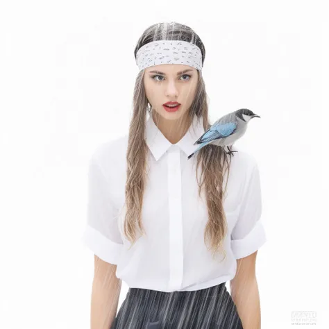 car, white background, rain, headband, bird, collared shirt, lips, long hair, medium hair