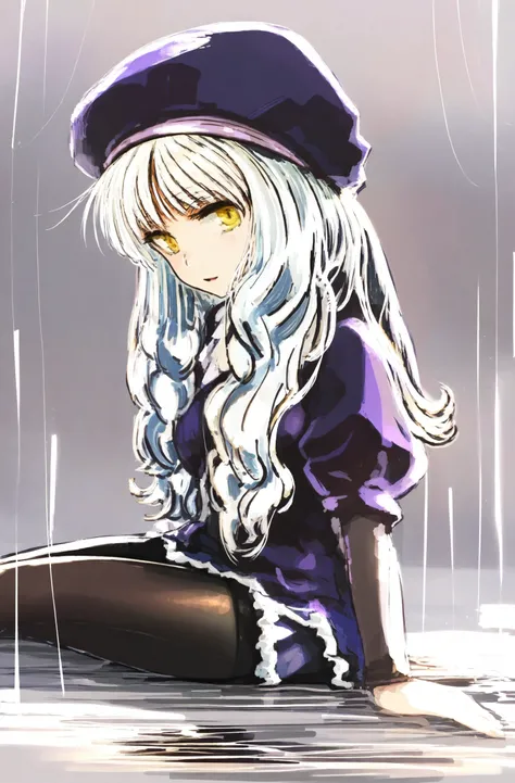 masterpiece, best quality, illustration, koromoya, solo, 1girl, caren hortensia, pantyhose, yellow eyes, white hair, long hair, hat