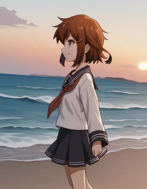 score_9, score_8_up, score_7_up, source_anime, <lora:kancolle-ikazuchi-s1-ponyxl-lora-nochekaiser:1>, ikazuchi, short hair, brown hair, hair ornament, brown eyes, hairclip, fang, ikazuchi (kancolle), skirt, school uniform, serafuku, neckerchief,, beach, su...