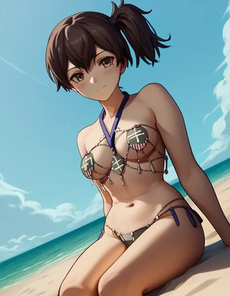 score_9, score_8_up, score_7_up, source_anime, <lora:kancolle-kaga-s1-ponyxl-lora-nochekaiser:1>, kaga, short hair, brown hair, brown eyes, side ponytail, kaga (kancolle), medium breasts,, <lora:venus-bikini-ponyxl-lora-nochekaiser:1>, venus bikini, fortun...