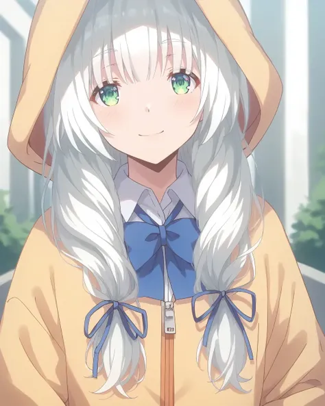 score_9,score_8_up,score_7_up,best quality, 4k, rating_safe, very aesthetic, source_anime, 
1girl,
<lora:Otori_Koharu:0.7>,Otori Koharu,green eyes,white hair,long hair,animal hood,jacket,long sleeves,blue neck bow,collared shirt,skirt,dynamic angle,smile,u...