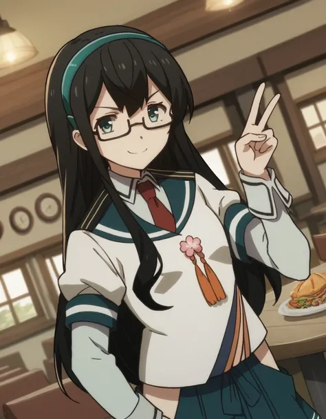 score_9, score_8_up, score_7_up, source_anime, <lora:kancolle-ooyodo-s1-ponyxl-lora-nochekaiser:1>, ooyodo, long hair, blue eyes, black hair, green eyes, hairband, glasses, semi-rimless eyewear, under-rim eyewear, ooyodo (kancolle), skirt, long sleeves, sc...