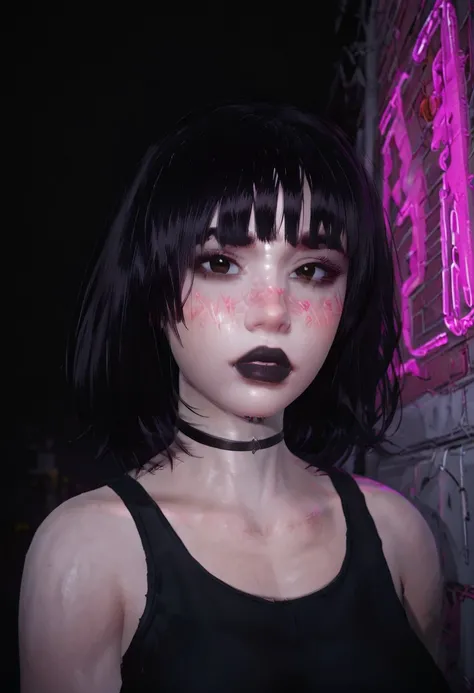 safe_pos, brown eyes, perfecteyes, black tank top, (black choker),  (black lips), seductive, thick bangs, medium hair, blush, nose blush, (winged eyeliner),
medium breasts, 43stl1ght1ng, low light, dramatic lighting, darkness, g0thicPXL, glowing, neon, neo...