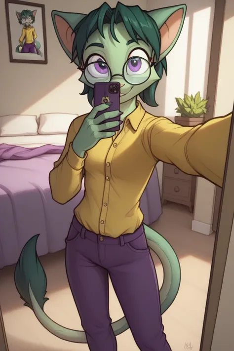 score_9, score_8_up,
solo,
l1l1th_dcp, glasses, tail,
<lora:Lilith_Dreamkeepers_-_Prelude:1>
bedroom, upped body,
selfie,
yellow shirt, purple pants,