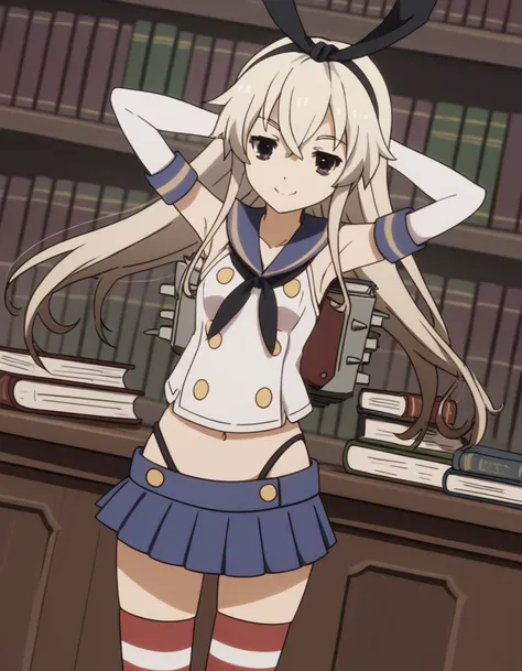 score_9, score_8_up, score_7_up, source_anime, <lora:kancolle-shimakaze-s1-ponyxl-lora-nochekaiser:1>, shimakaze, long hair, blonde hair, hairband, grey eyes, shimakaze (kancolle), skirt, thighhighs, gloves, navel, pleated skirt, elbow gloves, striped, whi...