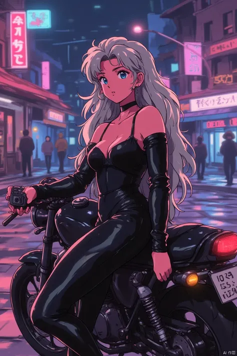 1990s retro anime illustration, a gorgeous girl with long silver hair in a tight latex catsuit leaning against a motorcycle in a cool pose, holding a peeping tom camera, neon-lit urban background at night, streets reflecting vibrant lights, intense shadows...