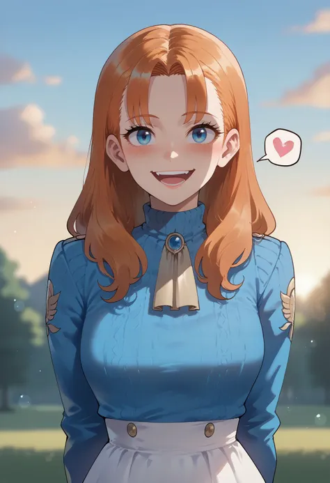 score_9,score_8_up,score_7_up, <lora:nyantcha_style_pdxl_v2_goofy:1> 1girl, annette fantine dominic, orange hair, spoken heart, blue eyes, arms behind back, long hair, open mouth, smile, upper body,  dress, breasts, blurry background, looking at viewer, up...