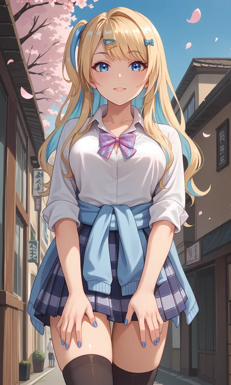 score_9, score_8_up, score_7_up, source_anime, 1girl, solo, outdoors, street, cherry blossoms, cowboy shot, standing, looking at viewer, shiny skin, shirakawa, blue eyes, blonde hair, one side up, two-tone hair, hairclip, ribbon, collared shirt, sleeves ro...