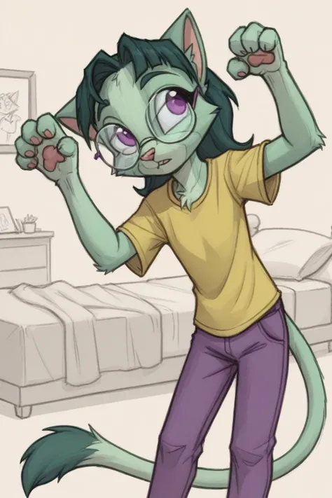 score_9, score_8_up,
l1l1th_dcp, glasses, tail,
draw, sketch,
<lora:Lilith_Dreamkeepers_-_Prelude:1>
bedroom,
paw pose,
yellow shirt, purple pants,