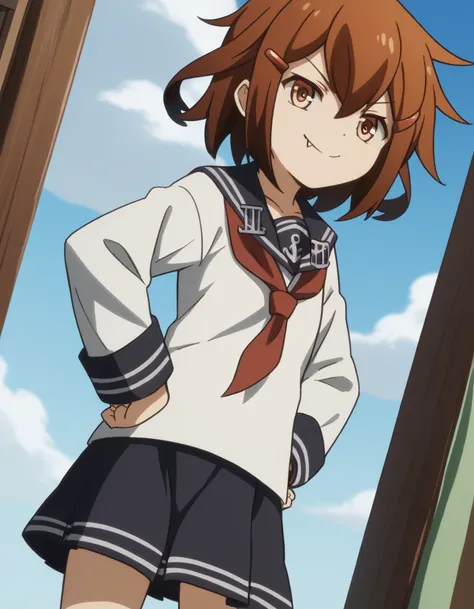 score_9, score_8_up, score_7_up, source_anime, <lora:kancolle-ikazuchi-s1-ponyxl-lora-nochekaiser:1>, ikazuchi, short hair, brown hair, hair ornament, brown eyes, hairclip, fang, ikazuchi (kancolle), skirt, school uniform, serafuku, neckerchief,, laundry d...