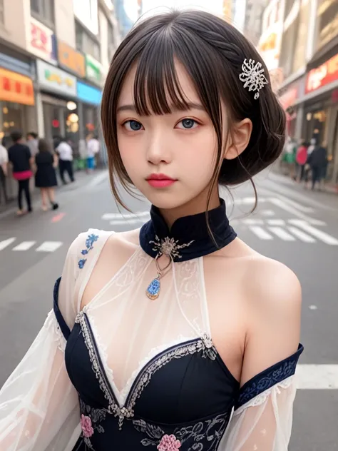 ((score_9, realistic)), ((fair skin)), ((skinny)), upper body, a pretty woman, kpop, jpop, idol, top model, medium breasts, high neck, multicolord dress, sleeves dress, hair ornament, street, <lora:ColoredContactLenses_pony:0.5>,