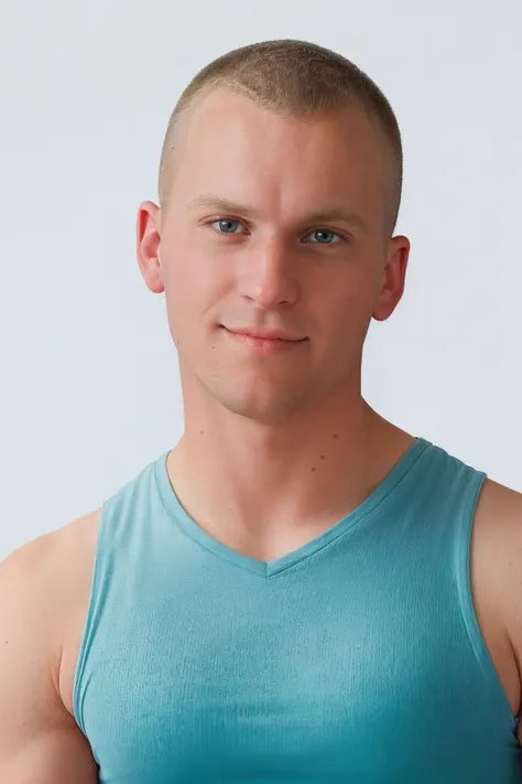 closeup photo, <lora:nick_tower_sd15_epoch_7:0.8> nicktwrperson,  wearing a teal tank-top shirt, white background