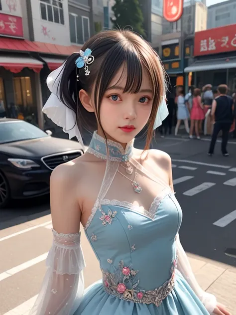 ((score_9, realistic)), ((fair skin)), ((skinny)), upper body, a pretty woman, kpop, jpop, idol, top model, medium breasts, high neck, multicolord dress, sleeves dress, hair ornament, street, <lora:ColoredContactLenses_pony:0.5>,